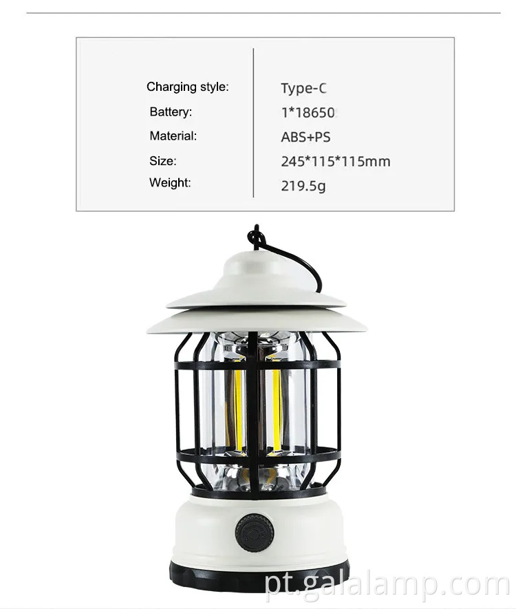 Lanterna de LED portátil para acampar com design retrô e bateria recarregável